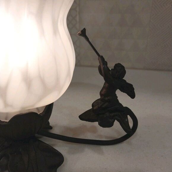 Vintage-Inspired Bronze Cherub Accent Lamp Tulip Frosted Glass Shade Nightlight - Picture 5 of 16